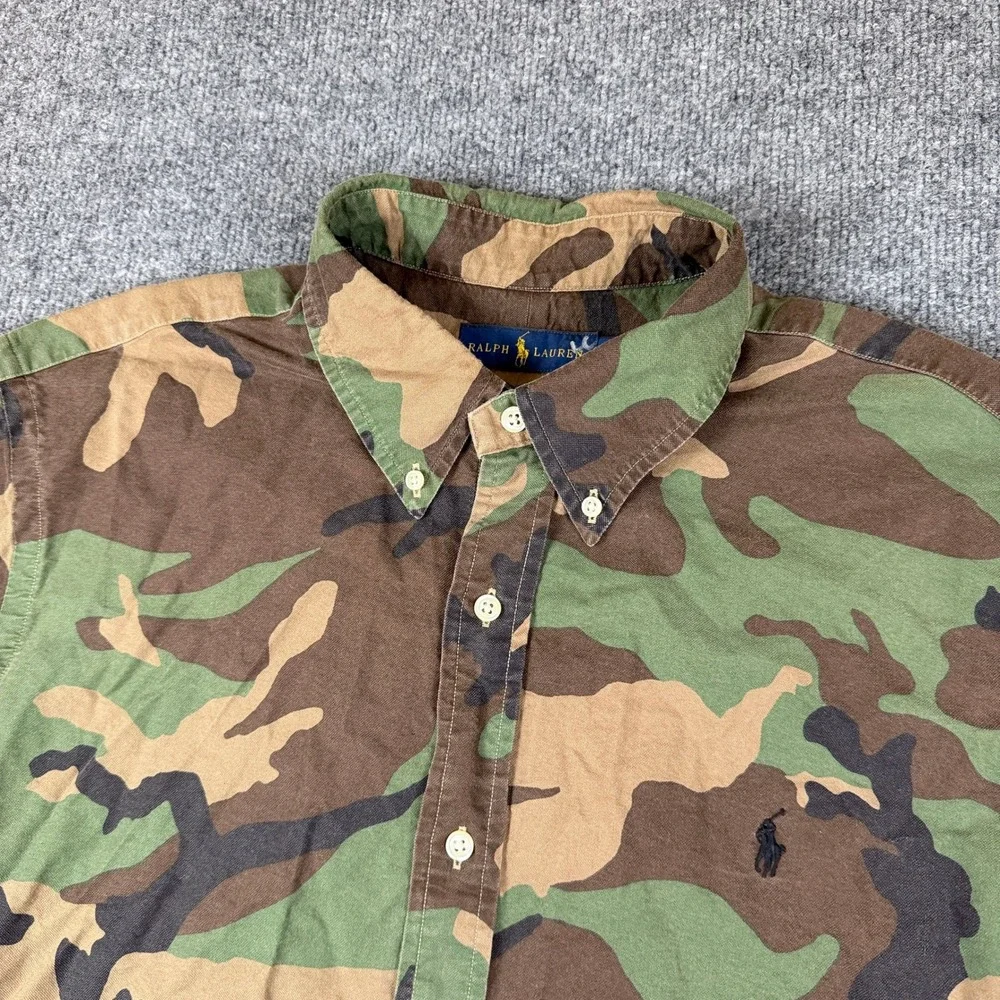 Polo Ralph Lauren Shirt Mens XL Green Brown Woodland Camo Long Sleeve Oxford